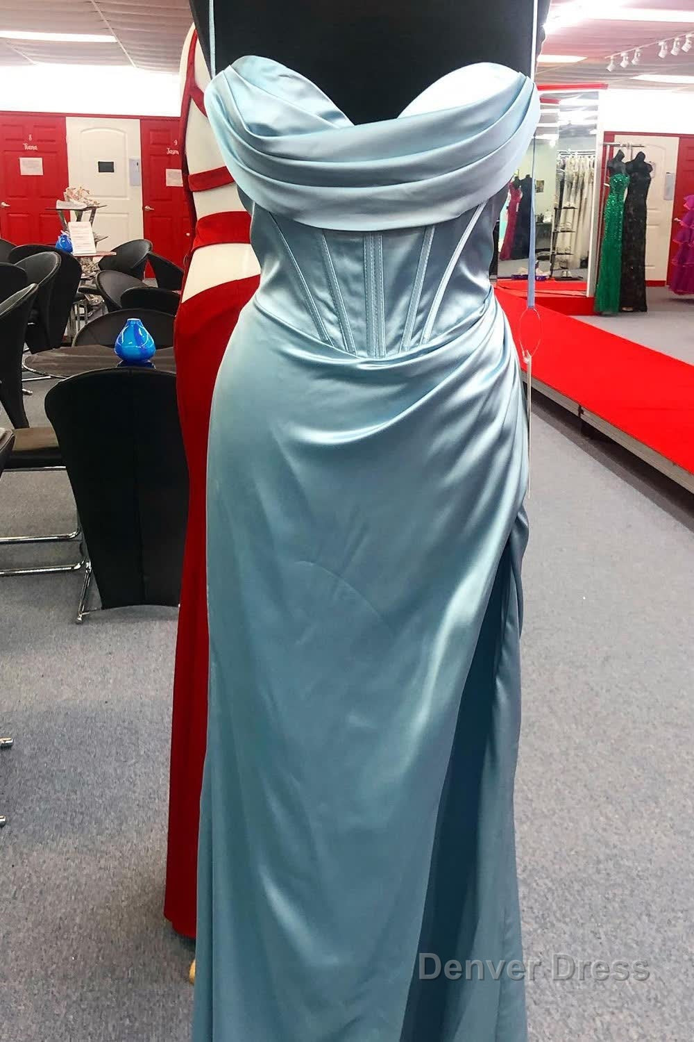 Hot Pink Spaghetti Straps Satin Mermaid Prom Dresses with Slit