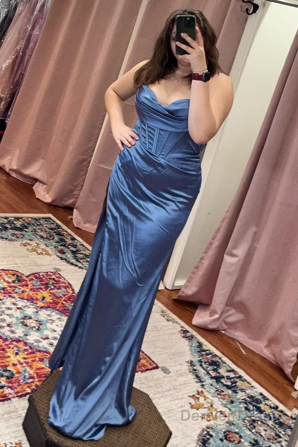 Hot Pink Spaghetti Straps Satin Mermaid Prom Dresses with Slit