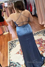 Hot Pink Spaghetti Straps Satin Mermaid Prom Dresses with Slit
