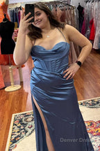 Hot Pink Spaghetti Straps Satin Mermaid Prom Dresses with Slit
