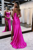Hot Pink Spaghetti Straps Satin Mermaid Prom Dresses with Slit