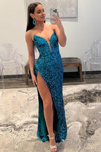 Hot Pink Strapless Sequin Prom Dresses with Slit