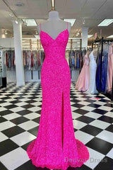 Hot Pink Straps Prom Dress With Slit