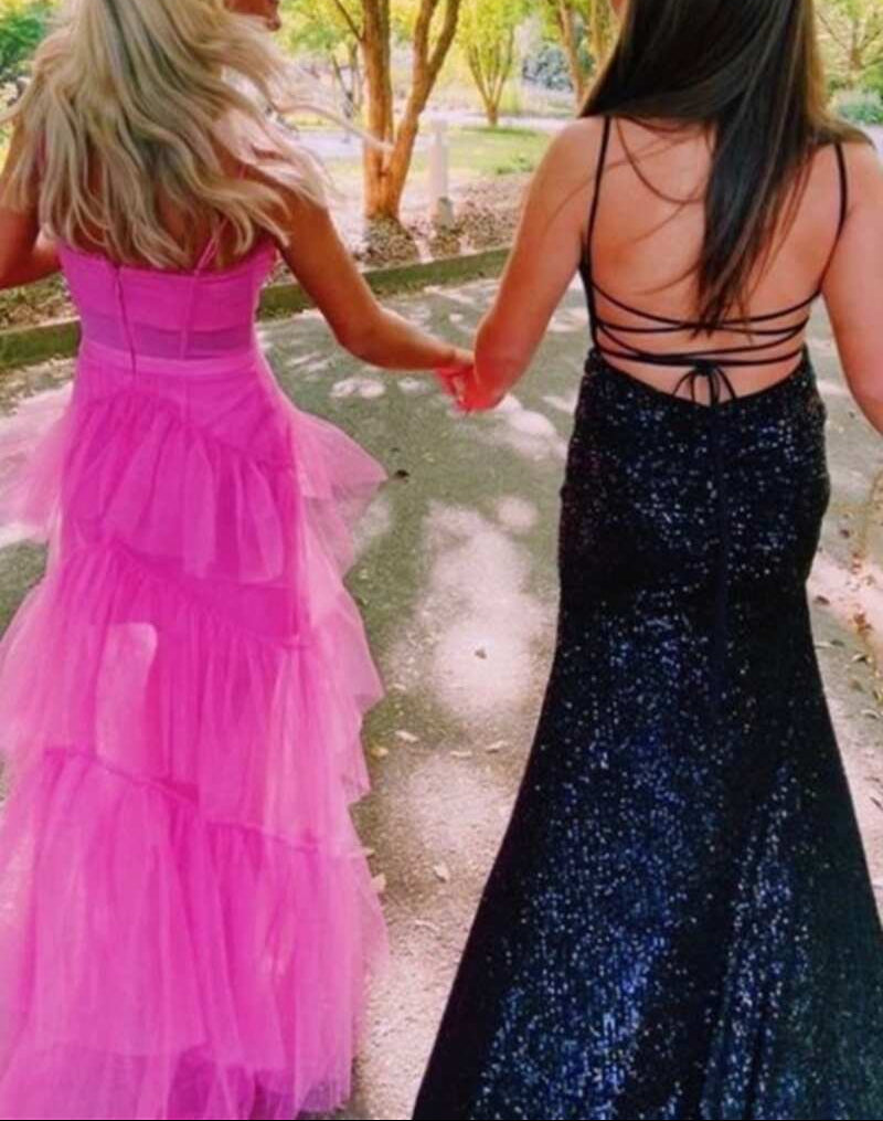 Hot Pink Straps Tiered A-Line Long Prom Dresses Secondary image