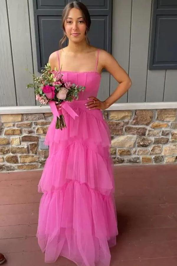 Hot Pink Straps Tiered A-Line Long Prom Dresses