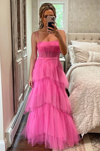 Hot Pink Straps Tiered A-Line Long Prom Dresses