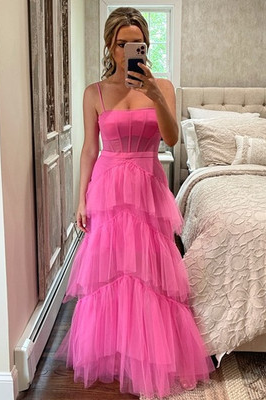 Hot Pink Straps Tiered A-Line Long Prom Dresses
