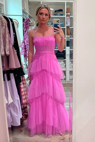 Hot Pink Straps Tiered A-Line Long Prom Dresses