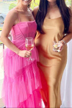 Hot Pink Straps Tiered A-Line Long Prom Dresses