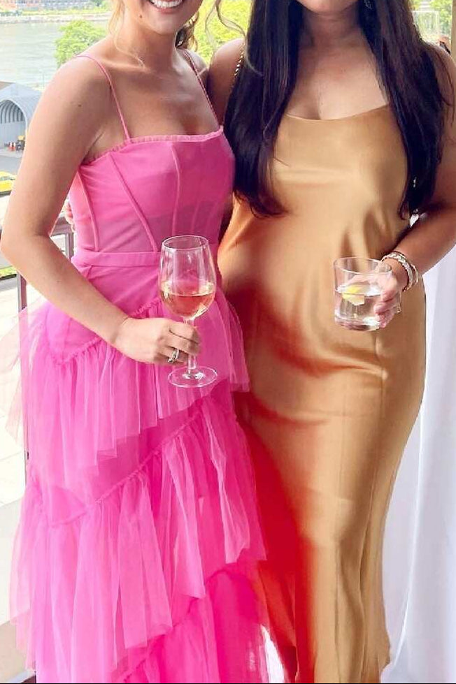 Hot Pink Straps Tiered A-Line Long Prom Dresses