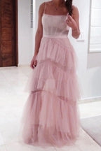 Hot Pink Straps Tiered A-Line Long Prom Dresses