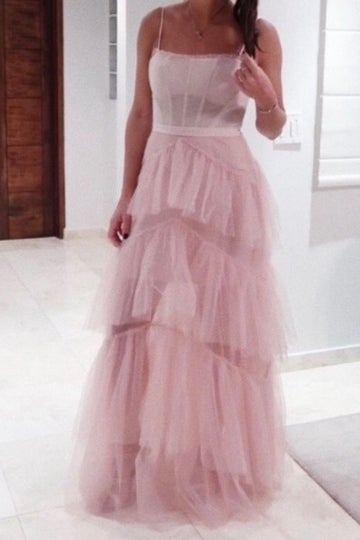 Hot Pink Straps Tiered A-Line Long Prom Dresses