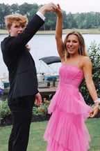 Hot Pink Straps Tiered A-Line Long Prom Dresses