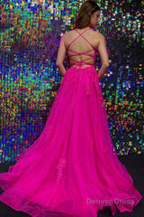 hot pink tulle a line prom dress with appliques