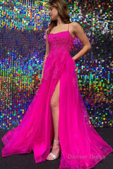 hot pink tulle a line prom dress with appliques