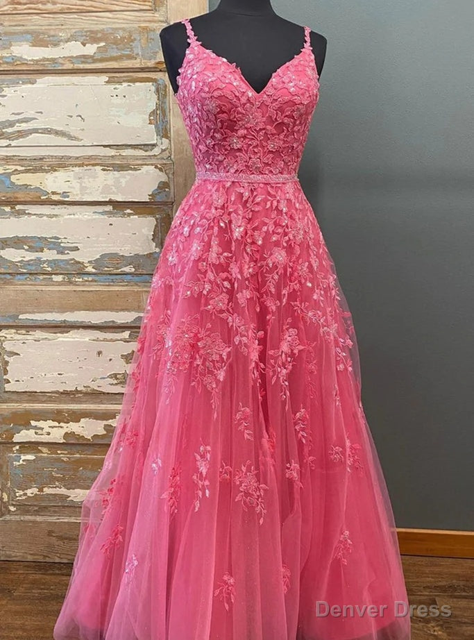 Hot Pink Tulle Beading Spaghetti Straps Prom Dresses Main image