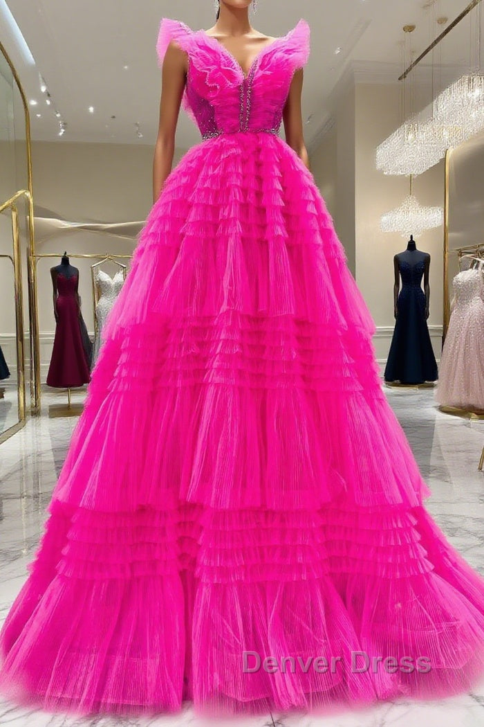 Hot Pink Tulle Long Prom Dress, Hot Pink Long Prom Graduation Dresses Main image