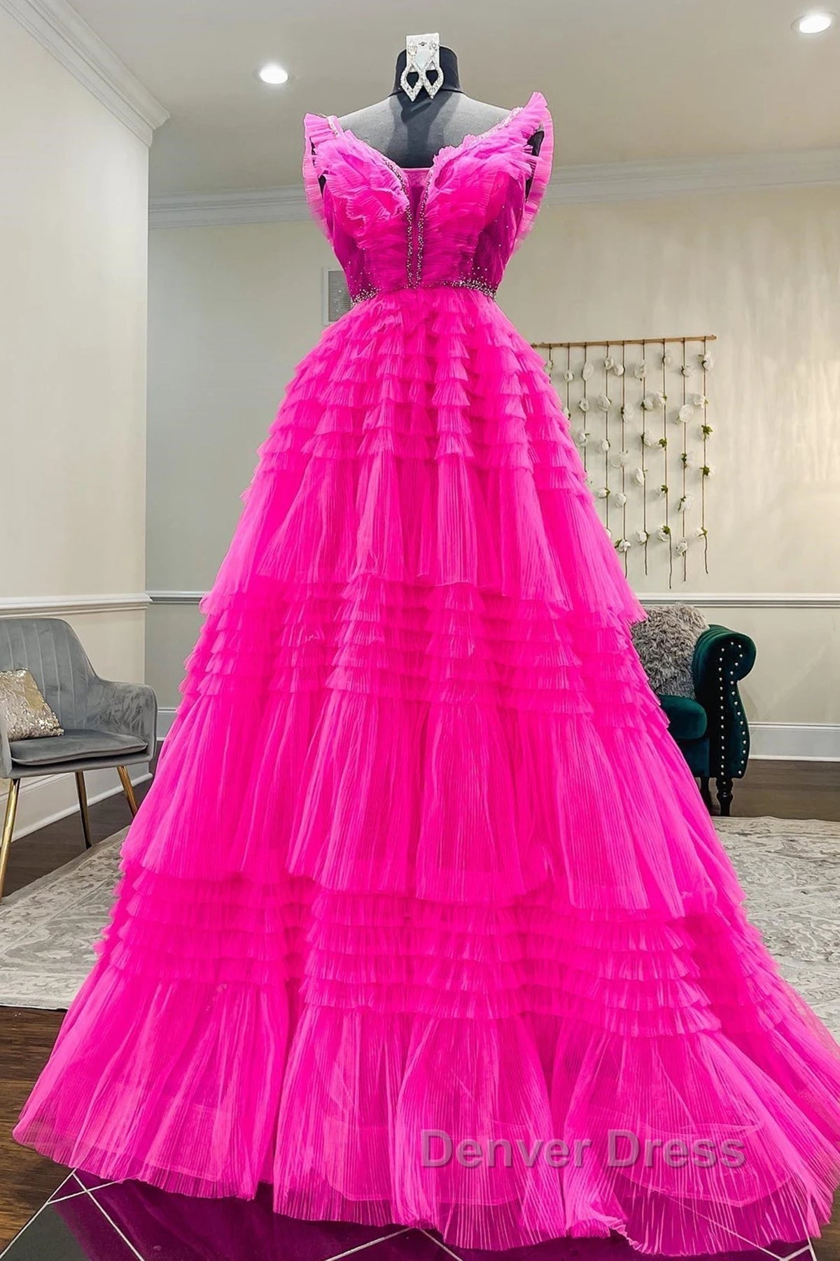 Hot Pink Tulle Long Prom Dress, Hot Pink Long Prom Graduation Dresses Secondary image
