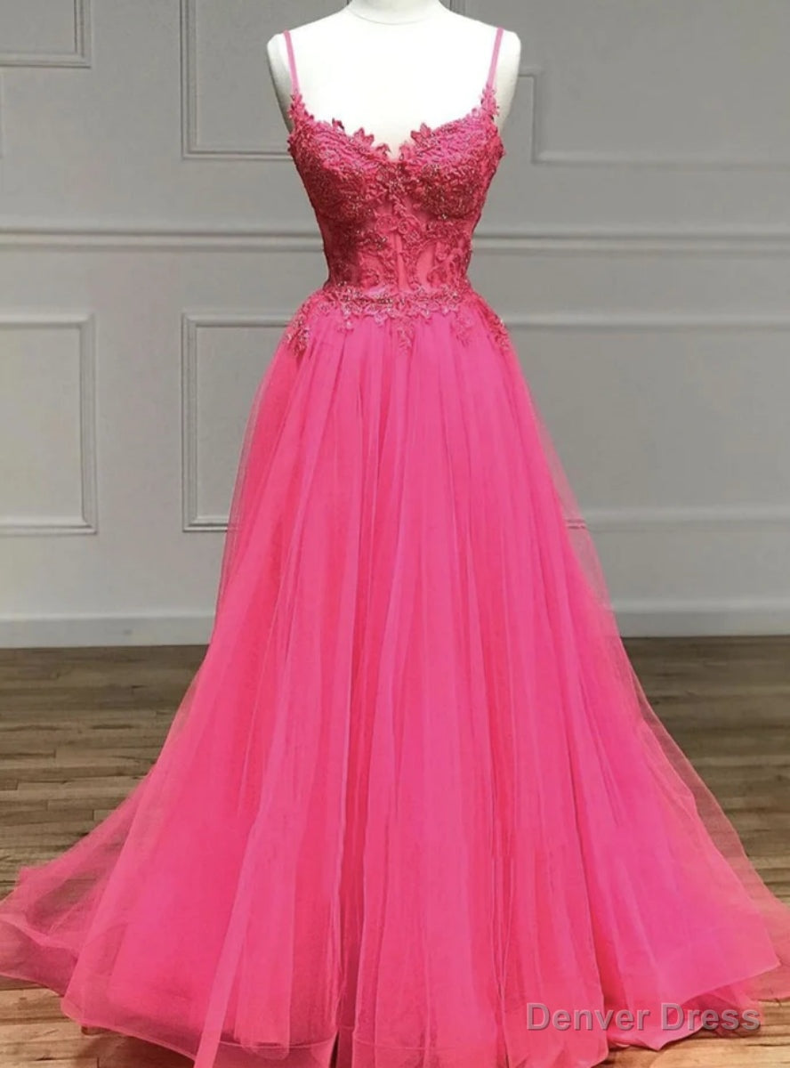 Hot Pink Tulle Spaghetti Straps Appliques Prom Dresses