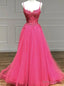 Hot Pink Tulle Spaghetti Straps Appliques Prom Dresses