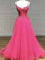 Hot Pink Tulle Spaghetti Straps Appliques Prom Dress