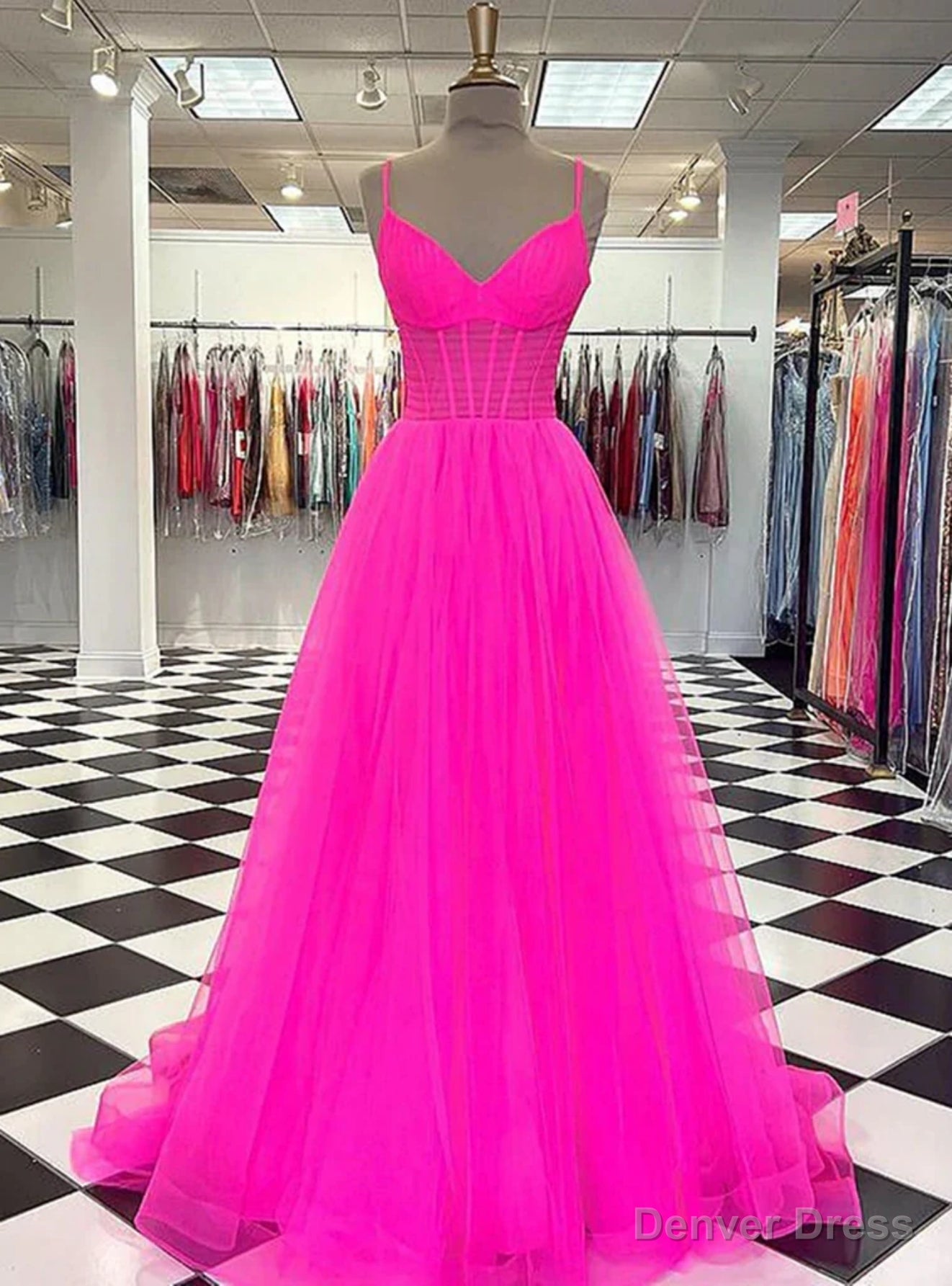 Hot Pink Tulle Spaghetti Straps Prom Dresses Main image