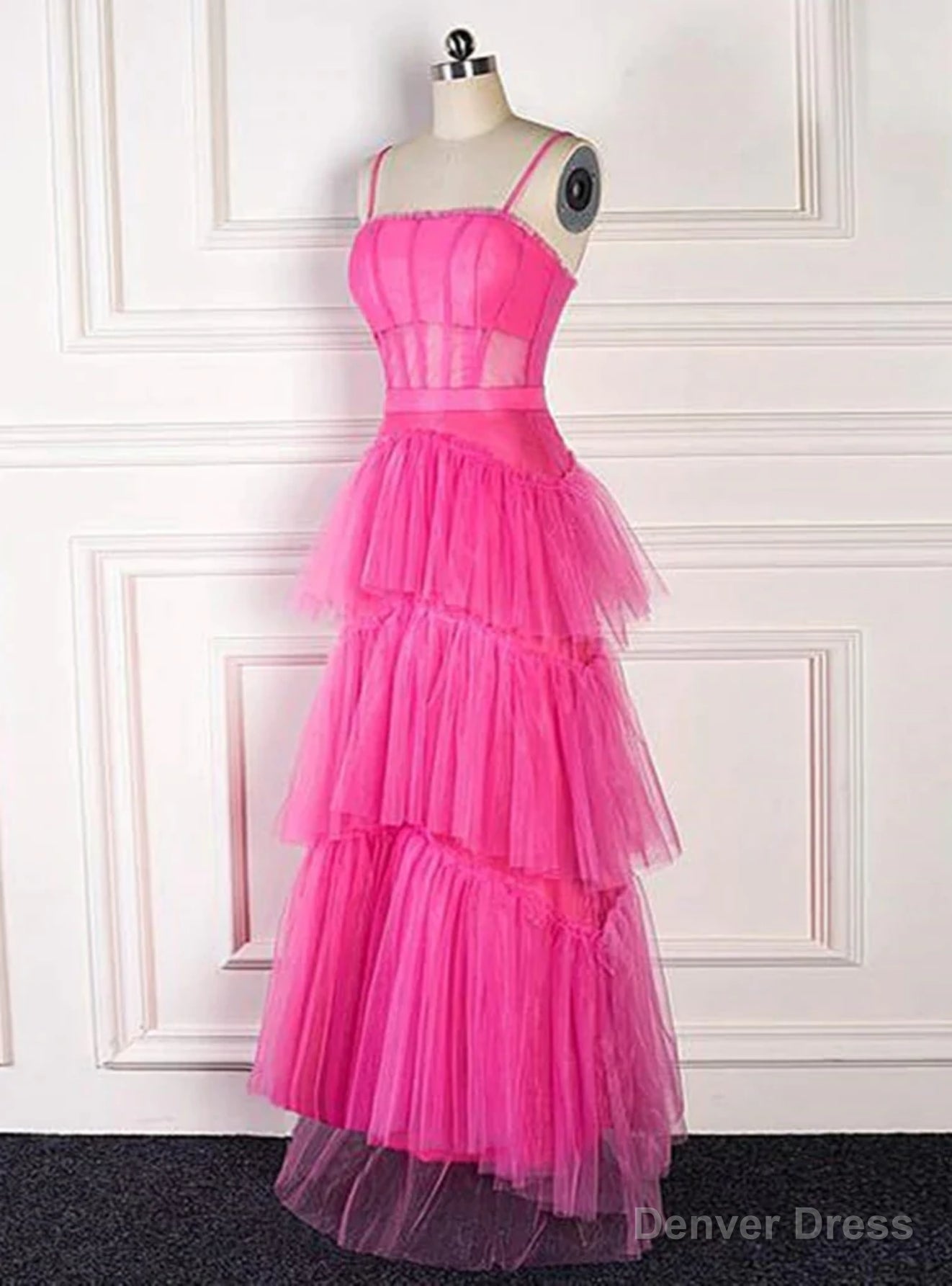 Hot Pink Tulle Spaghetti Straps Tiers Prom Dress