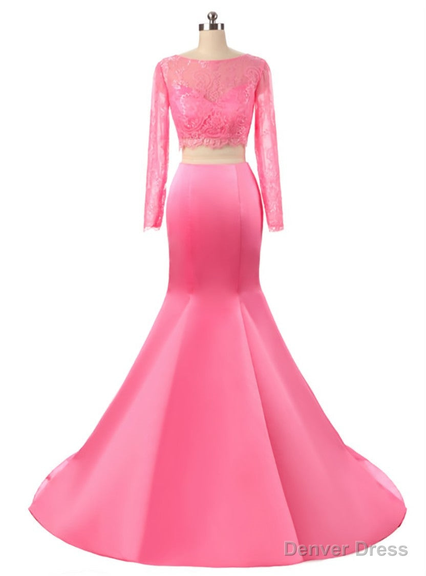 Hot Pink Two Piece Lace Bodice Prom dress With Long Sleeve Custom Made Formal Dress Main image