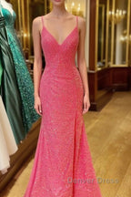 Hot Pink V Neck Sequins Long Prom Dresses Crossed Back Mermaid With Slit