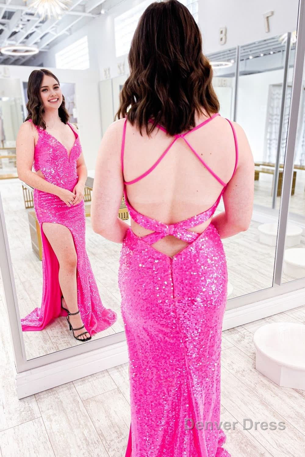 Hot Pink V Neck Sequins Prom Dresses with Slit Secondary image