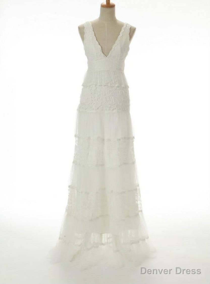 Hot Sale A Line V Neck Cascade Gorgeous Lace Wedding Dresses Main image