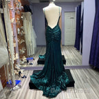 Hot Sequin Emerald Green Prom Dresses Backless Long Evening Dresses