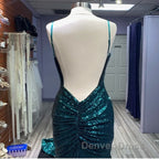 Hot Sequin Emerald Green Prom Dresses Backless Long Evening Dresses