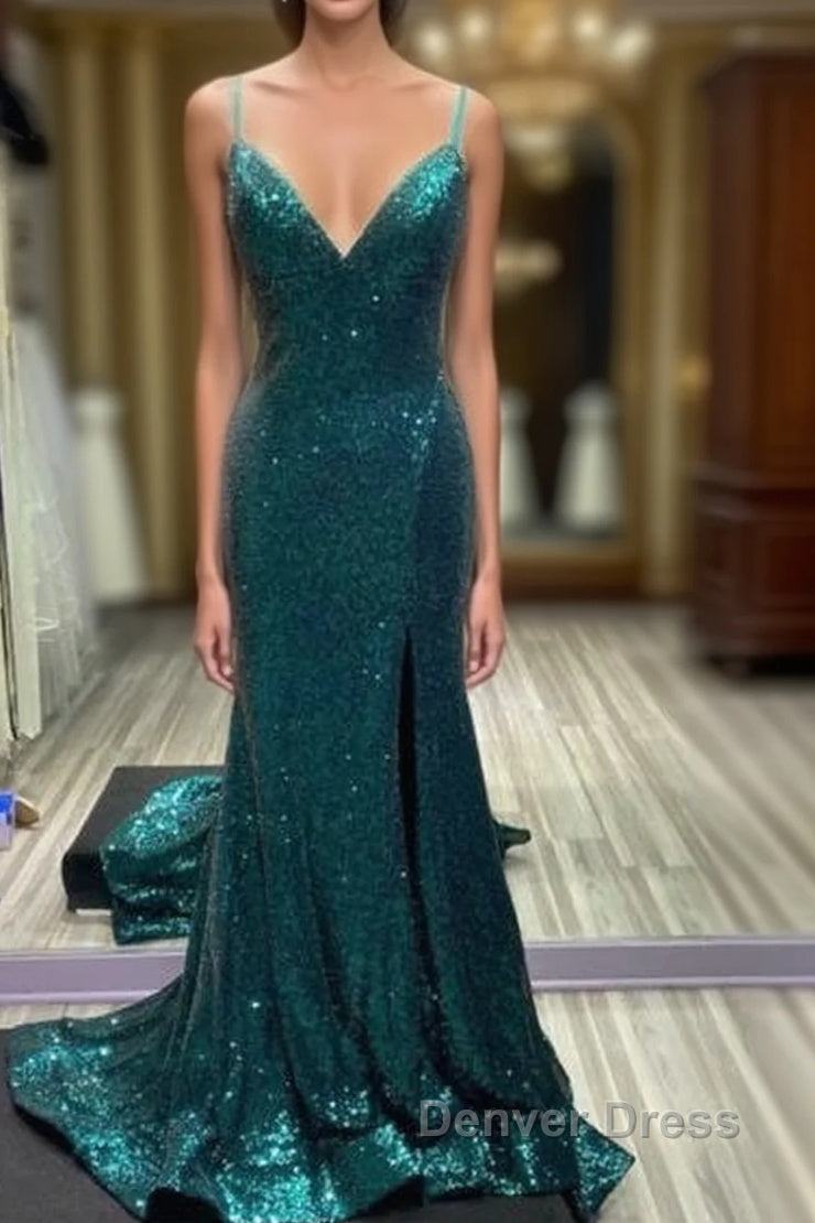 Hot Sequin Emerald Green Prom Dresses Backless Long Evening Dresses Main image