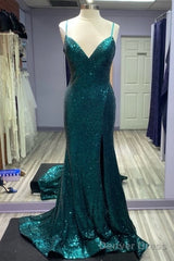 Hot Sequin Emerald Green Prom Dresses Backless Long Evening Dress