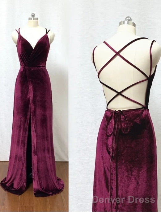 Hot Sheath Velvet Prom Dresses Burgundy Wedding Guest Dress With Split