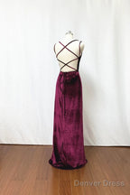Hot Sheath Velvet Prom Dress Burgundy Wedding Guest Dresses With Split