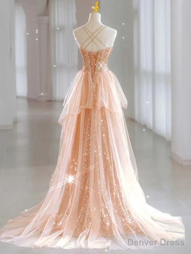 Hot Shiny A line Spaghetti Straps Sleeveless Sequin Tulle Long Prom Dresses Secondary image