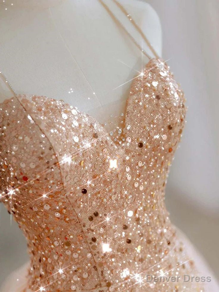 Hot Shiny A Line Spaghetti Straps Sleeveless Sequin Tulle Long Prom Dresses