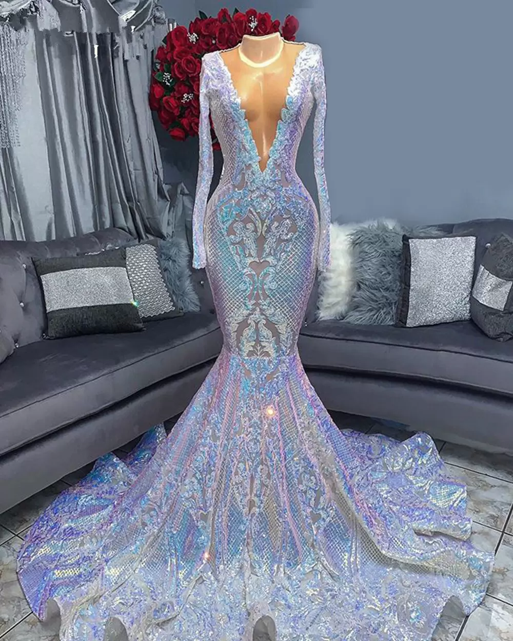 Hot Sparkle Sequin V Neck Long Sleeves Mermaid Prom Dresses Secondary image