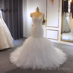 Hot Straps Mermaid Sequin Tulle White Wedding Dresses V Neck With Beadings