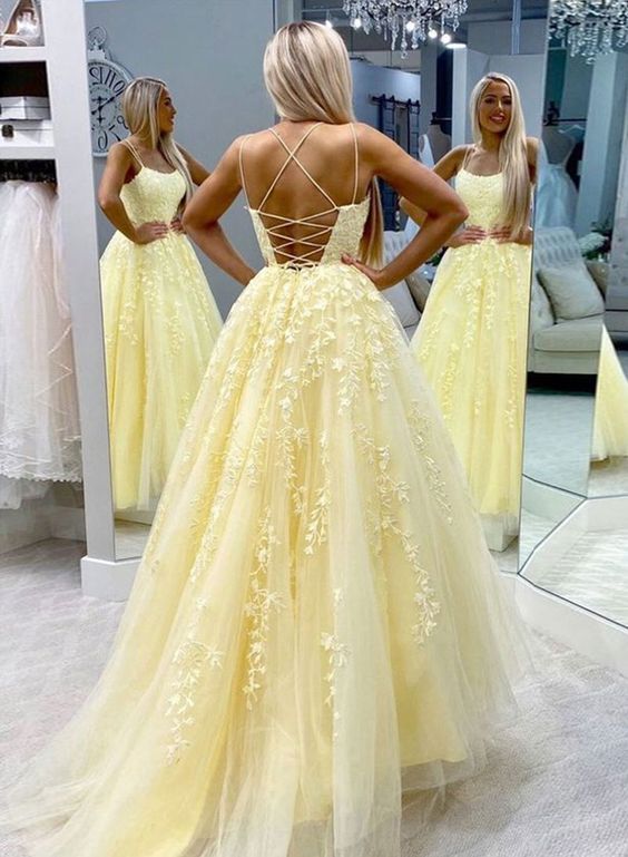 Hot Yellow Tulle Lace Long Prom Dress Secondary image