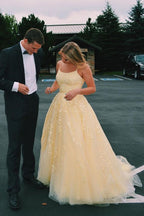 Hot Yellow Tulle Lace Long Prom Dress