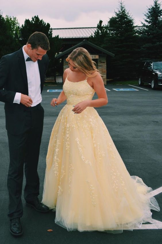 Hot Yellow Tulle Lace Long Prom Dress