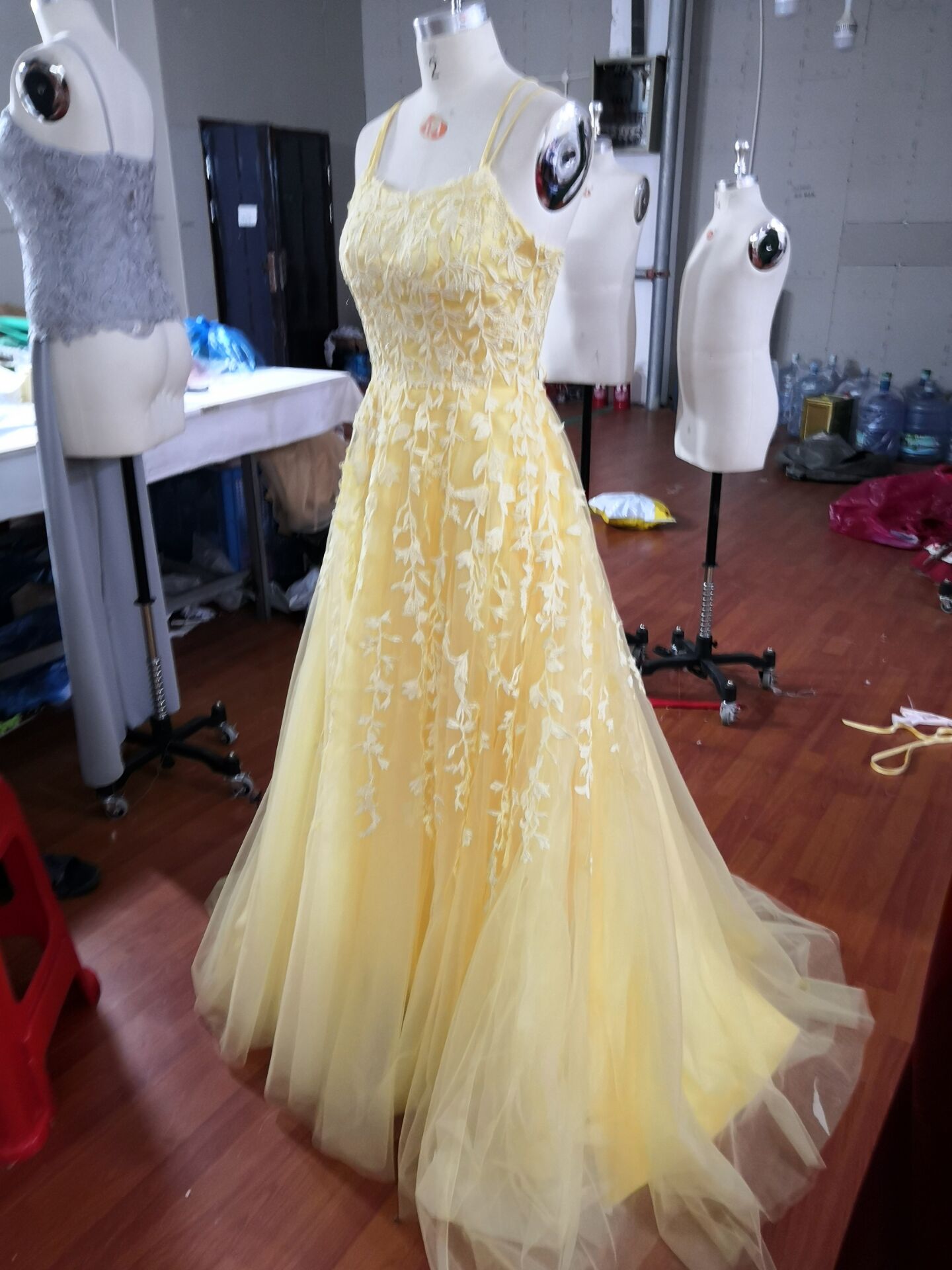 Hot Yellow Tulle Lace Long Prom Dress