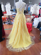 Hot Yellow Tulle Lace Long Prom Dress