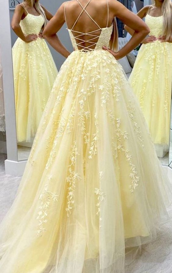 Hot Yellow Tulle Lace Long Prom Dress Main image