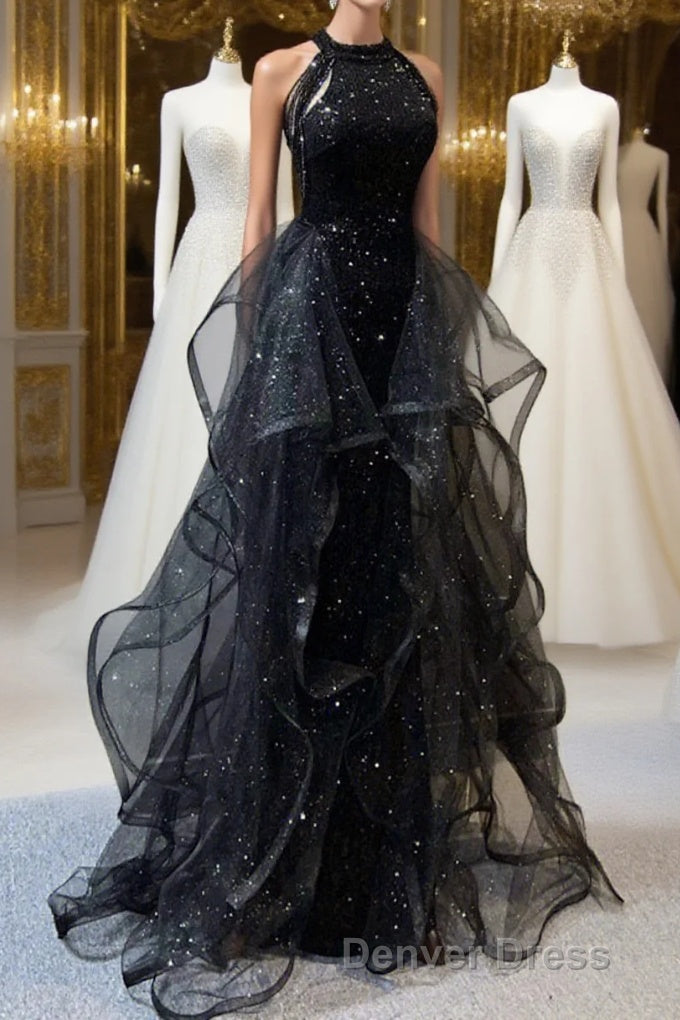 A-Line Prom Dresses Vintage Dresses Wedding Guest Wedding Party Sweep / Brush Train Sleeveless Halter Neck Wednesday Addams Family Sequined with Crystals Sequin Ruffles Masquerade Dresses Main image