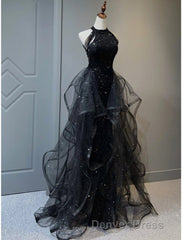 A-Line Prom Dresses Vintage Dresses Wedding Guest Wedding Party Sweep / Brush Train Sleeveless Halter Neck Wednesday Addams Family Sequined with Crystals Sequin Ruffles Masquerade Dresses