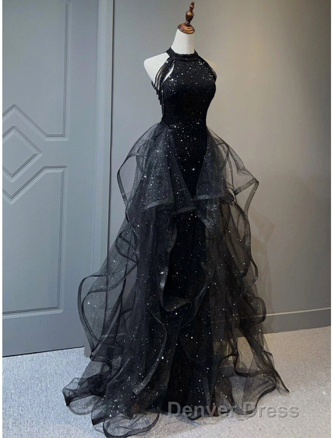 A Line Prom Dress Vintage Dress Wedding Guest Wedding Prom Sweep Brush Train Sleeveless Halter Neck Wednesday Addams Family Sequined with Crystals Sequin Ruffles Masquerade Dresses